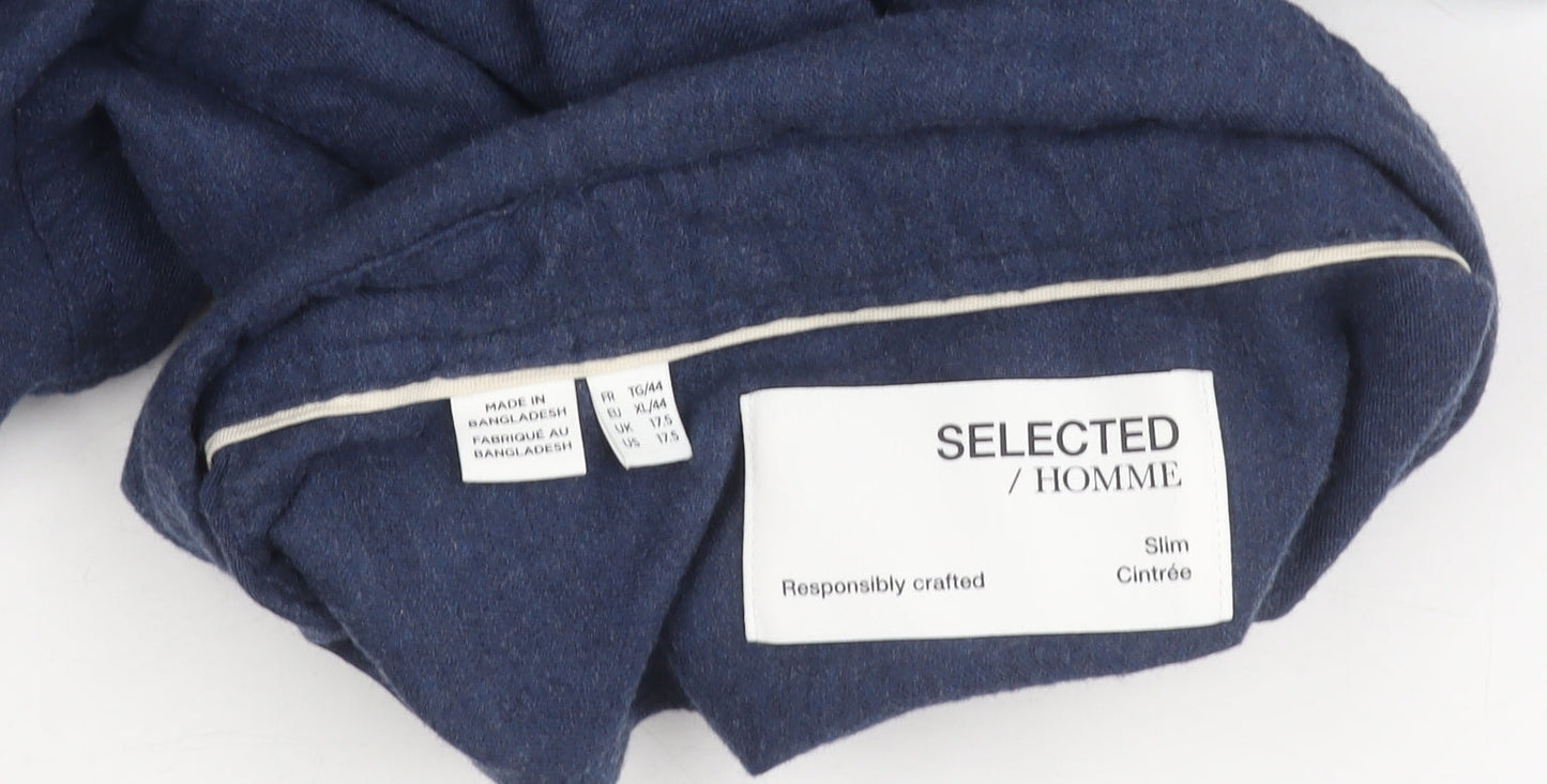 SELECTED HOMME Men's Blue Slim Fit Button-Up Cotton Shirt XL