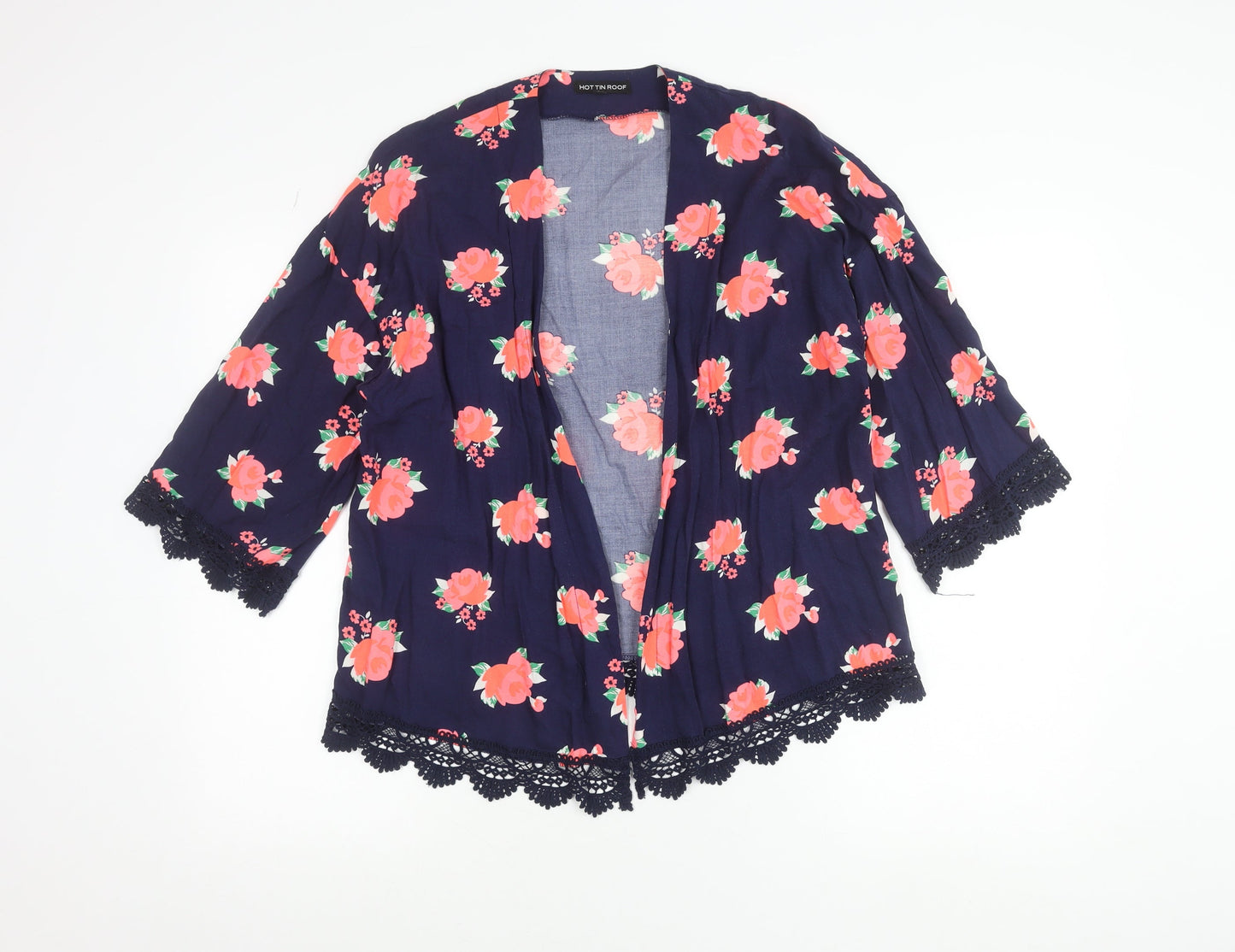Hot Tin Roof Women's Blue Floral Kimono Blouse Lace Trim Size S