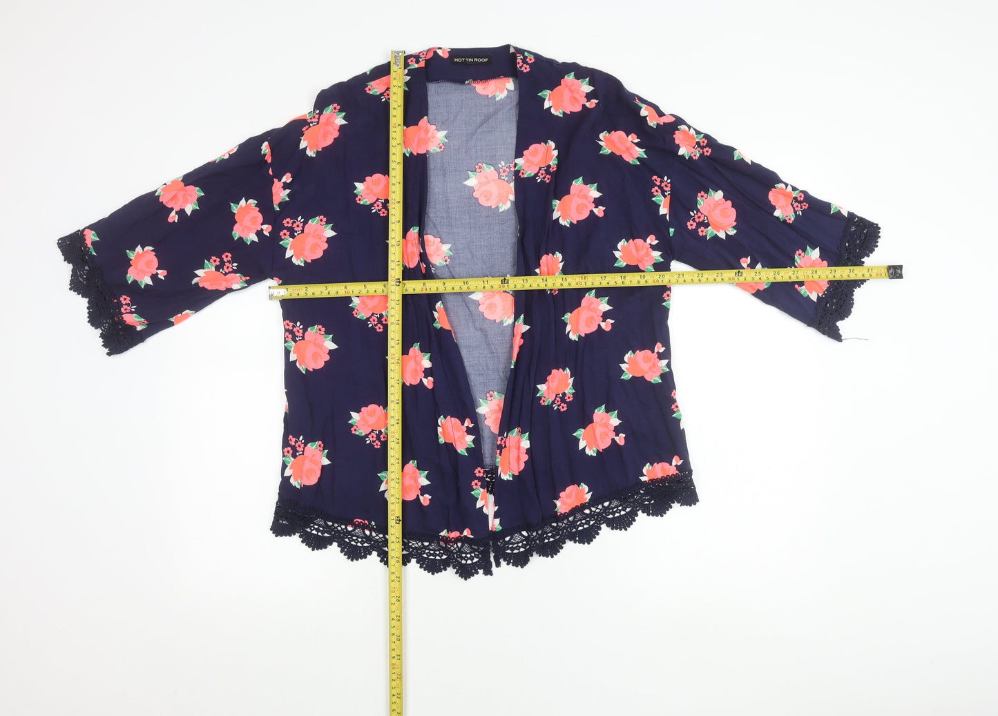Hot Tin Roof Women's Blue Floral Kimono Blouse Lace Trim Size S