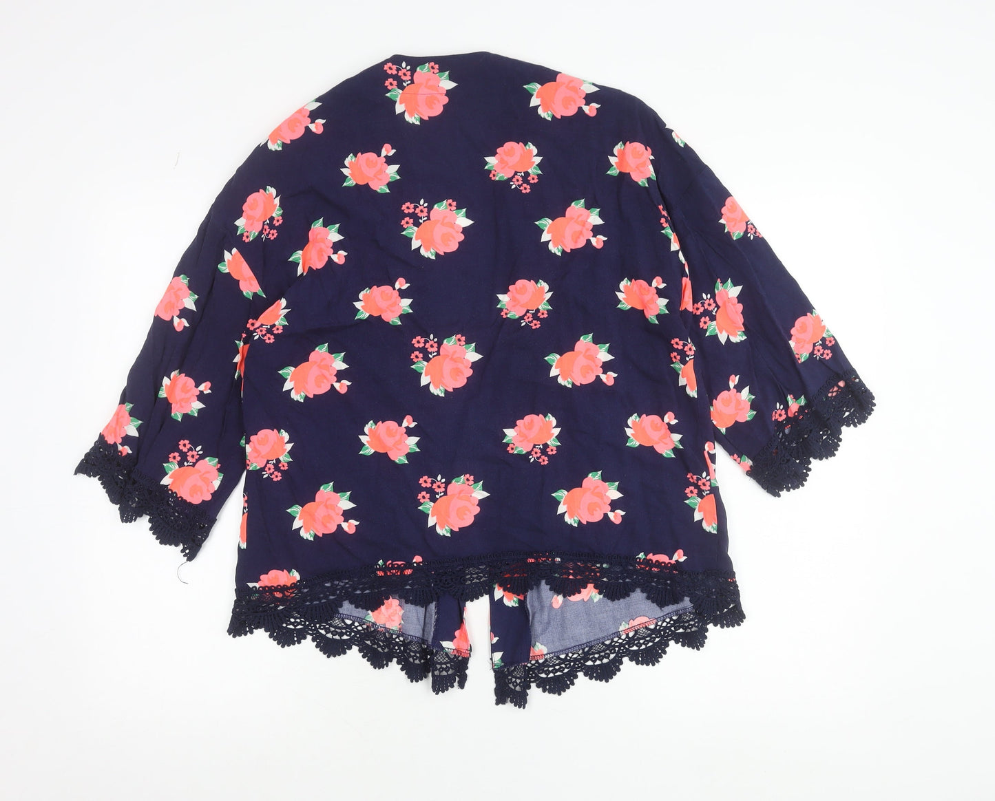 Hot Tin Roof Women's Blue Floral Kimono Blouse Lace Trim Size S
