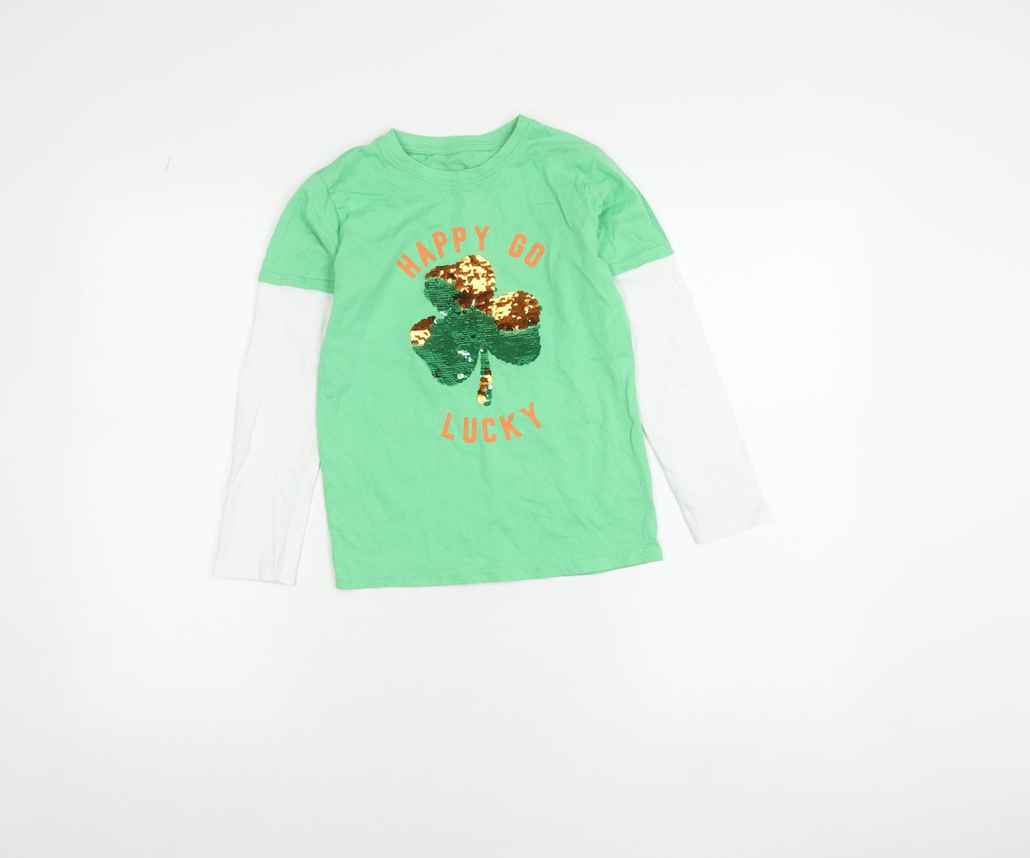 Dunnes Stores Boys Green Sequin Shamrock Long Sleeve T-Shirt 7-8 Years