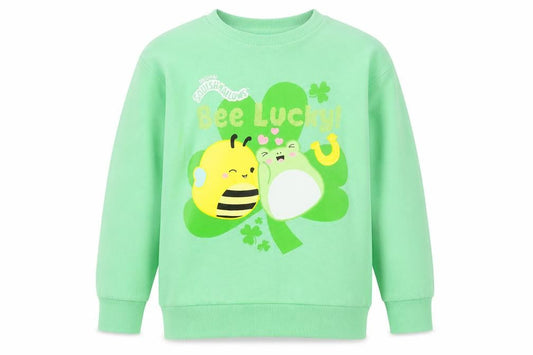Front view of Dunnes girls’ green squishmallows bee lucky pullover sweatshirt 9-10 years