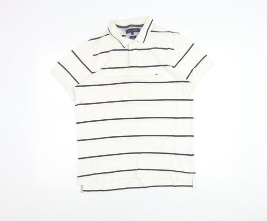 Tommy Hilfiger Men's White Striped Slim Fit Polo Shirt Size L