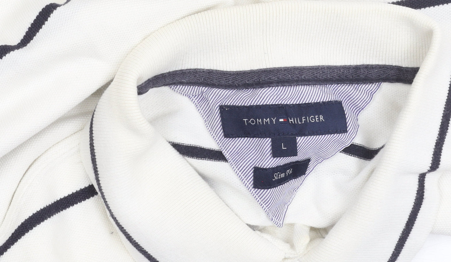 Tommy Hilfiger Men's White Striped Slim Fit Polo Shirt Size L