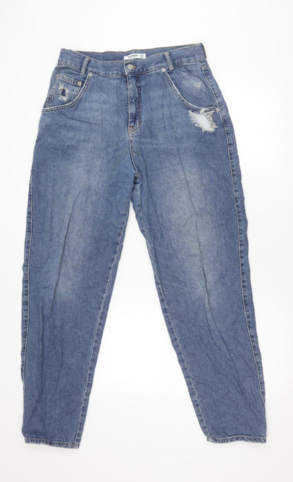 Pull & Bear Men's Blue 32in Regular Fit Distressed Straight Jeans