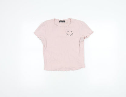 Bershka Women's Pink Ruffle Hem Slim Fit Cotton T-Shirt Size L