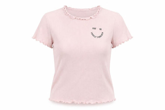 Bershka Women's Pink Ruffle Hem Slim Fit Cotton T-Shirt Size L