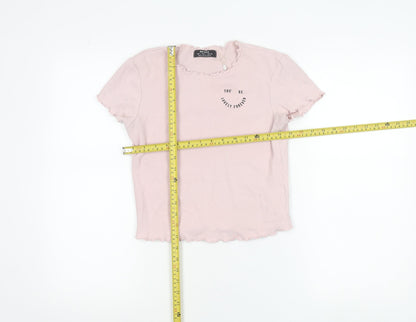 Bershka Women's Pink Ruffle Hem Slim Fit Cotton T-Shirt Size L