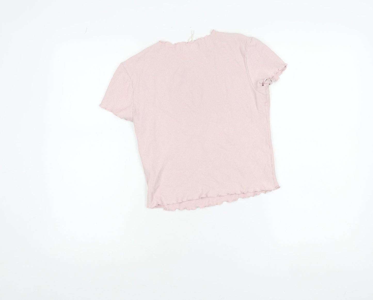 Bershka Women's Pink Ruffle Hem Slim Fit Cotton T-Shirt Size L