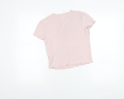 Bershka Women's Pink Ruffle Hem Slim Fit Cotton T-Shirt Size L