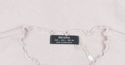 Bershka Women's Pink Ruffle Hem Slim Fit Cotton T-Shirt Size L