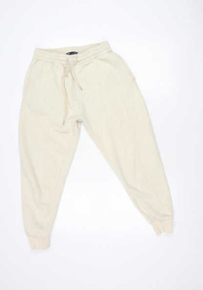 ZARA Women's Beige Fleece Jogger Trousers M Elastic Waist Comfort Fit