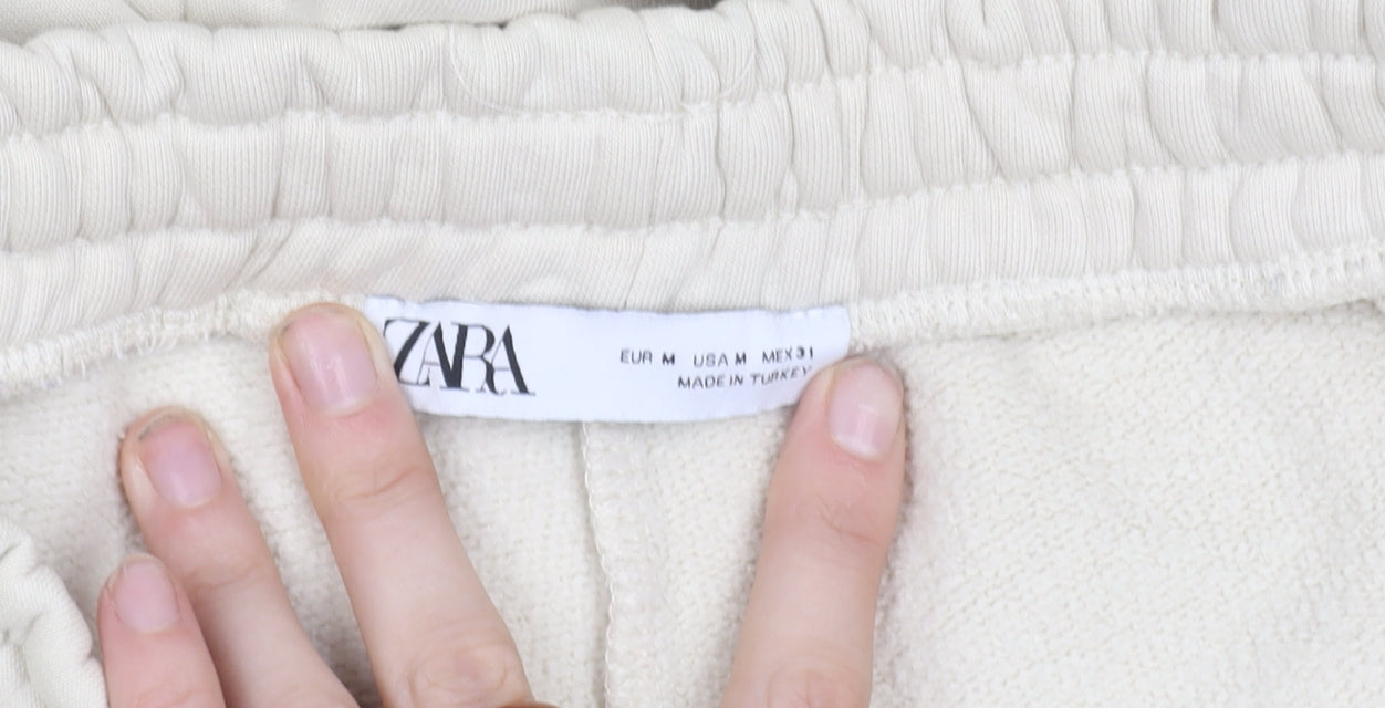 ZARA Women's Beige Fleece Jogger Trousers M Elastic Waist Comfort Fit