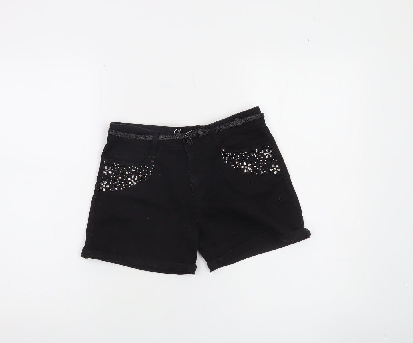Denim Co. Girls Black Chino Shorts 13 Years Cotton Stretch Embellished