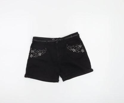 Denim Co. Girls Black Chino Shorts 13 Years Cotton Stretch Embellished