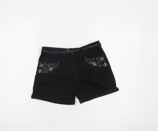Denim Co. Girls Black Chino Shorts 13 Years Cotton Stretch Embellished