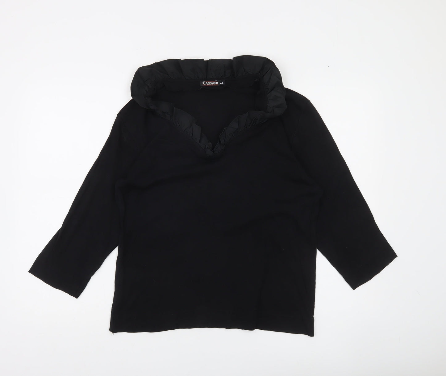 Cassani Women’s Black Tunic Blouse Size 16 Ruffle V-Neck 3/4 Sleeve