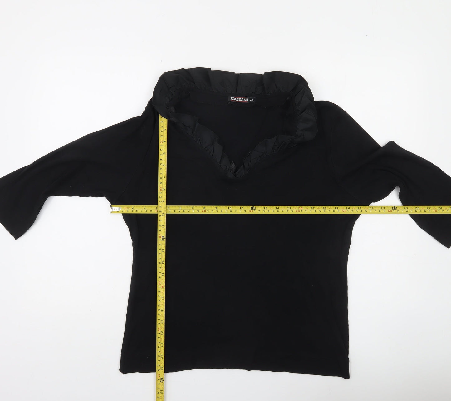 Cassani Women’s Black Tunic Blouse Size 16 Ruffle V-Neck 3/4 Sleeve