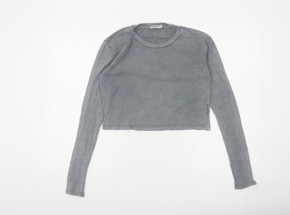Stradivarius Women's Grey Cropped Long Sleeve Ribbed T-Shirt Size 10
