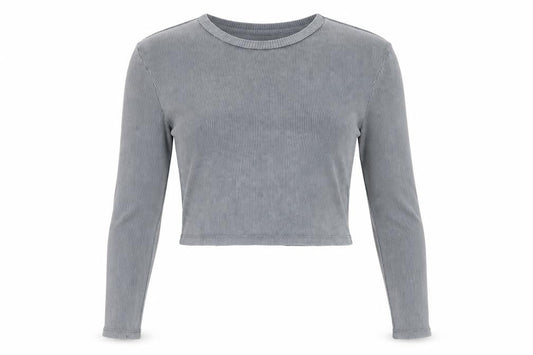 Stradivarius Women's Grey Cropped Long Sleeve Ribbed T-Shirt Size 10