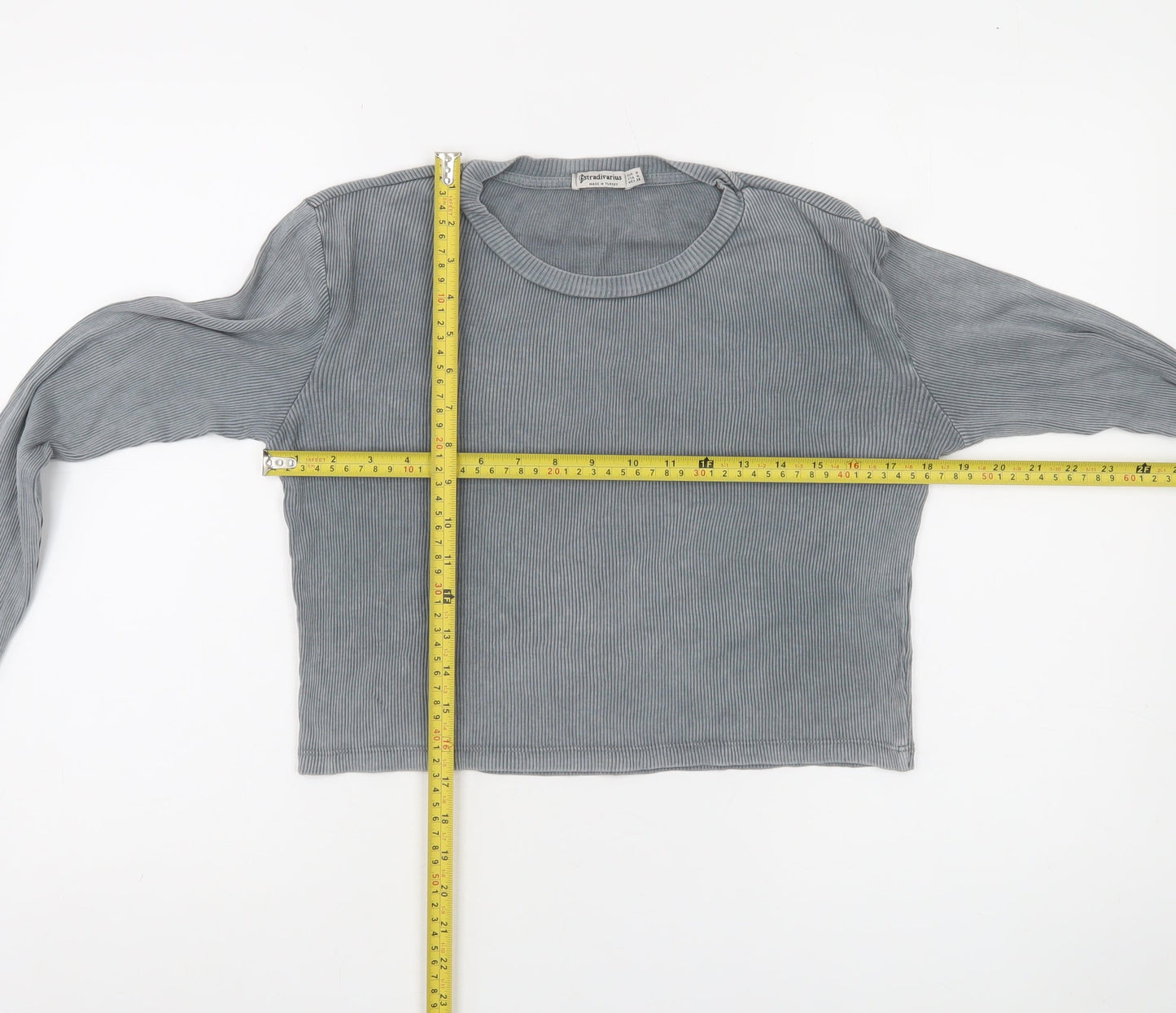 Stradivarius Women's Grey Cropped Long Sleeve Ribbed T-Shirt Size 10