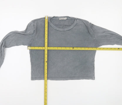 Stradivarius Women's Grey Cropped Long Sleeve Ribbed T-Shirt Size 10