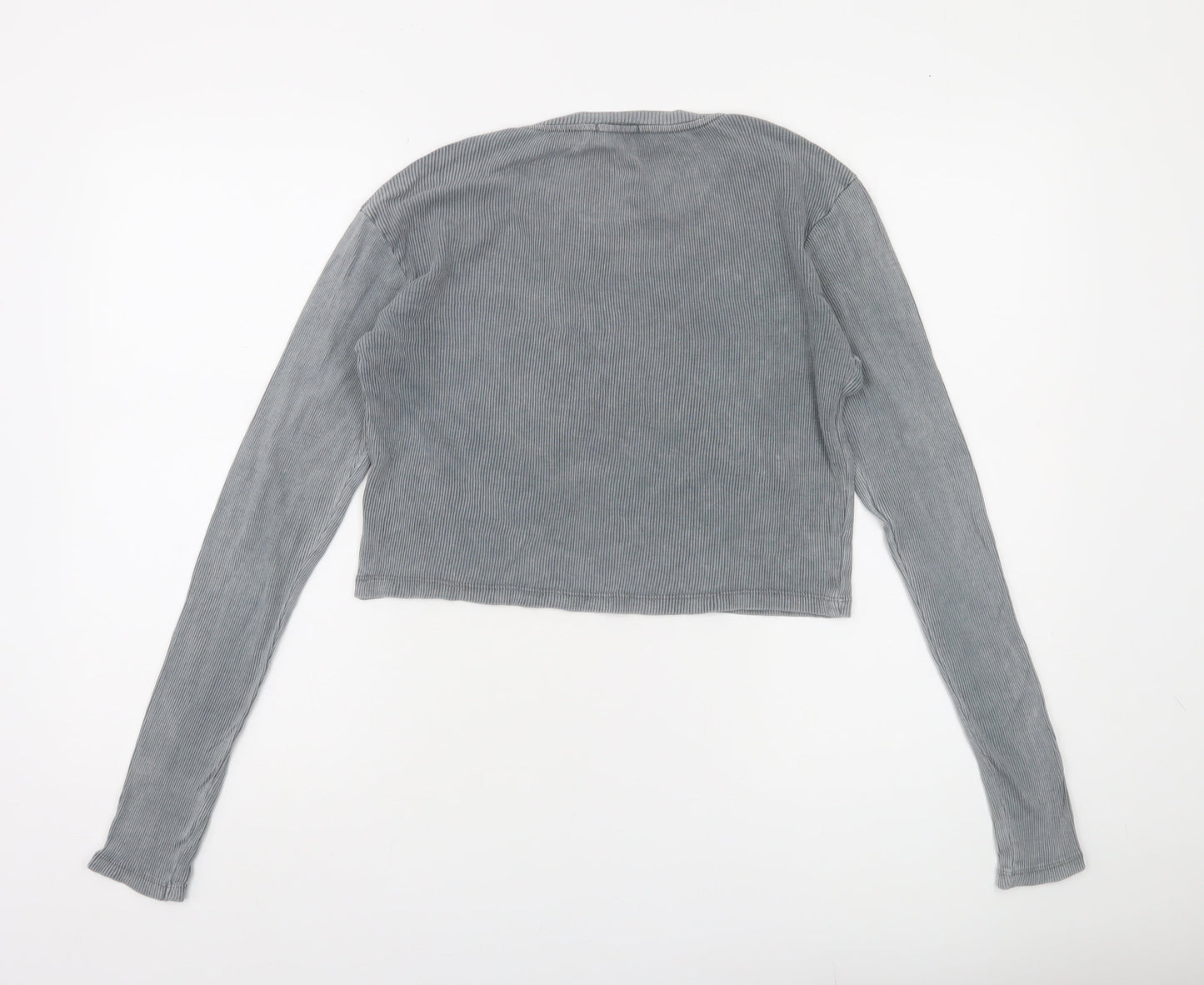Stradivarius Women's Grey Cropped Long Sleeve Ribbed T-Shirt Size 10
