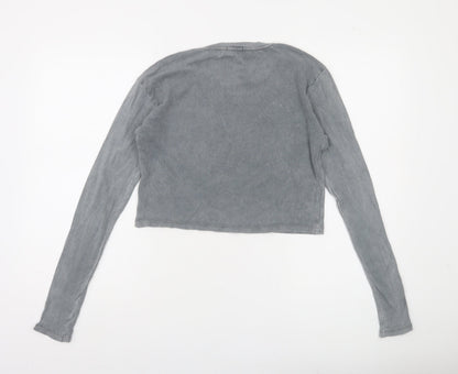 Stradivarius Women's Grey Cropped Long Sleeve Ribbed T-Shirt Size 10