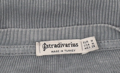 Stradivarius Women's Grey Cropped Long Sleeve Ribbed T-Shirt Size 10