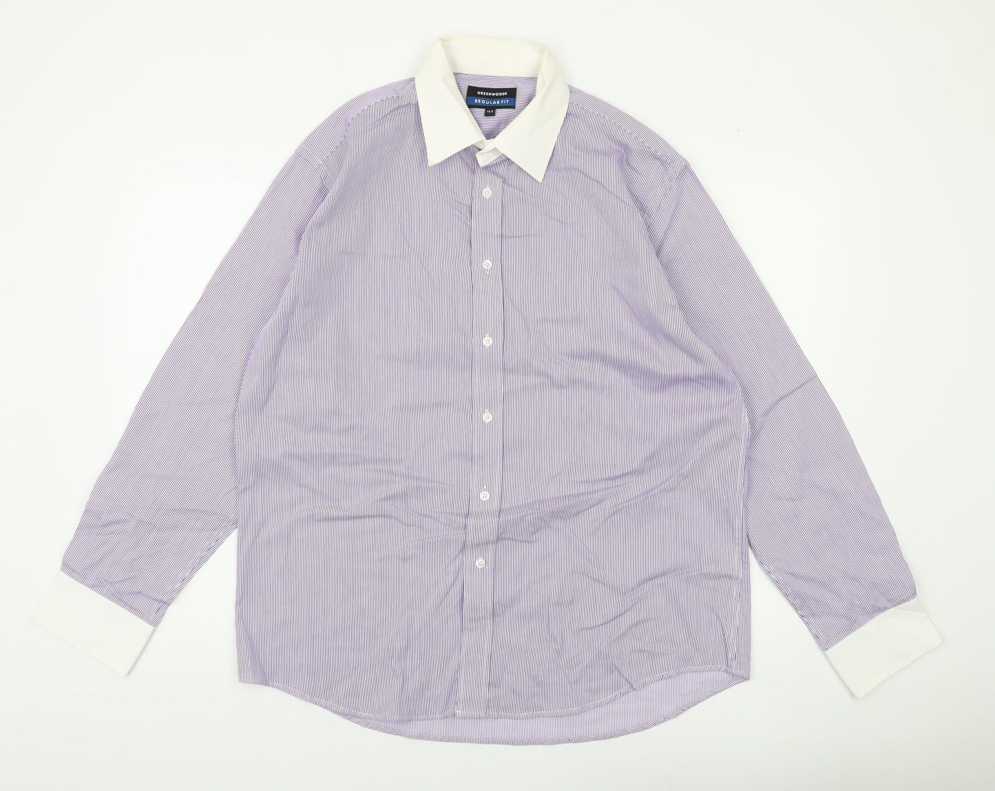 Greenwoods Men's Purple White Striped Button-Up Shirt 16.5 Regular Fit