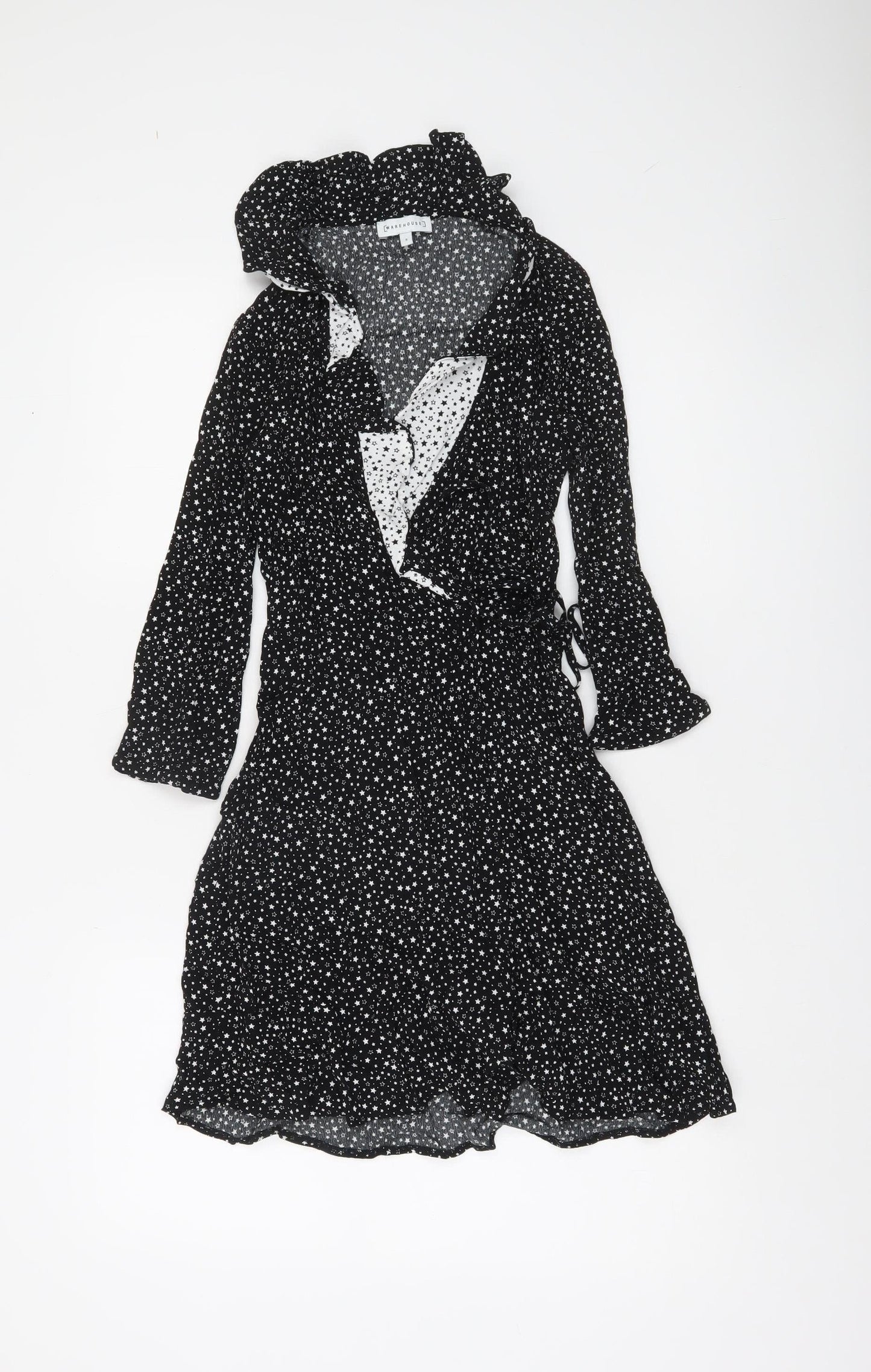 Warehouse Womens Black Star Print Wrap Dress Size 8 Viscose