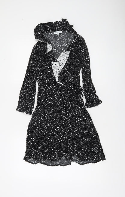 Warehouse Womens Black Star Print Wrap Dress Size 8 Viscose