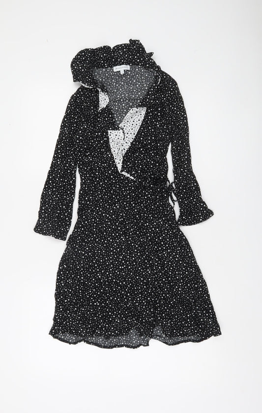 Warehouse Womens Black Star Print Wrap Dress Size 8 Viscose
