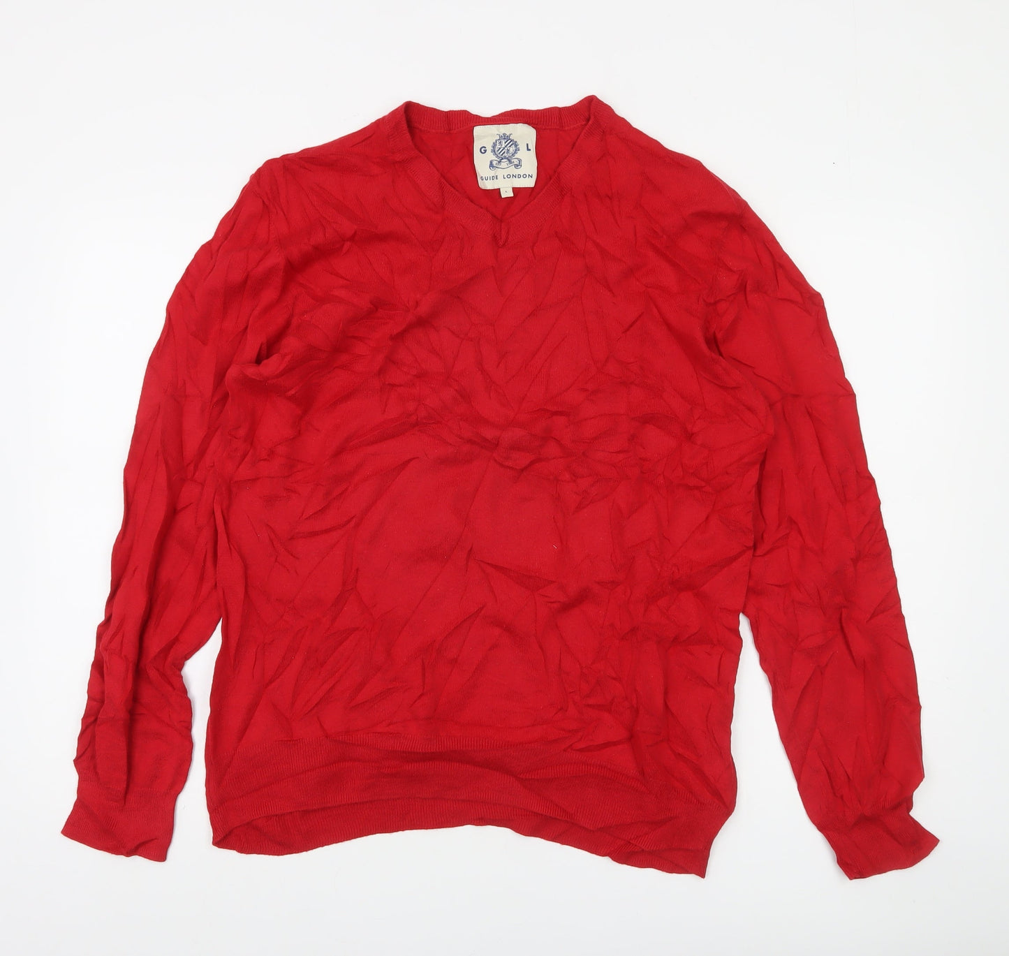 Guide London Men’s Red Cotton V-Neck Jumper Size L Lightweight Knit