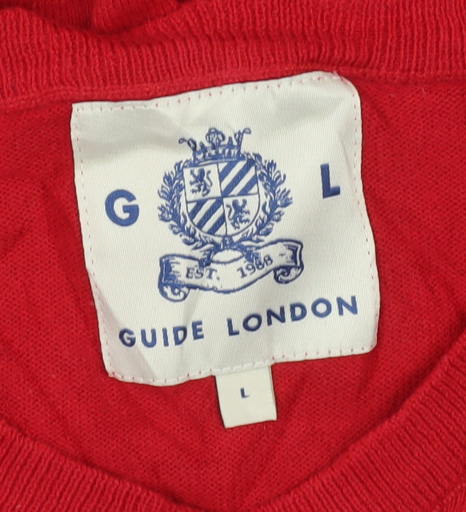 Guide London Men’s Red Cotton V-Neck Jumper Size L Lightweight Knit