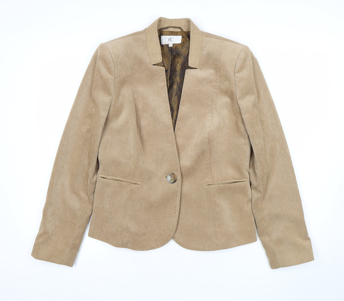 CC Women Beige Corduroy One-Button Blazer Size 12 Classic Fit