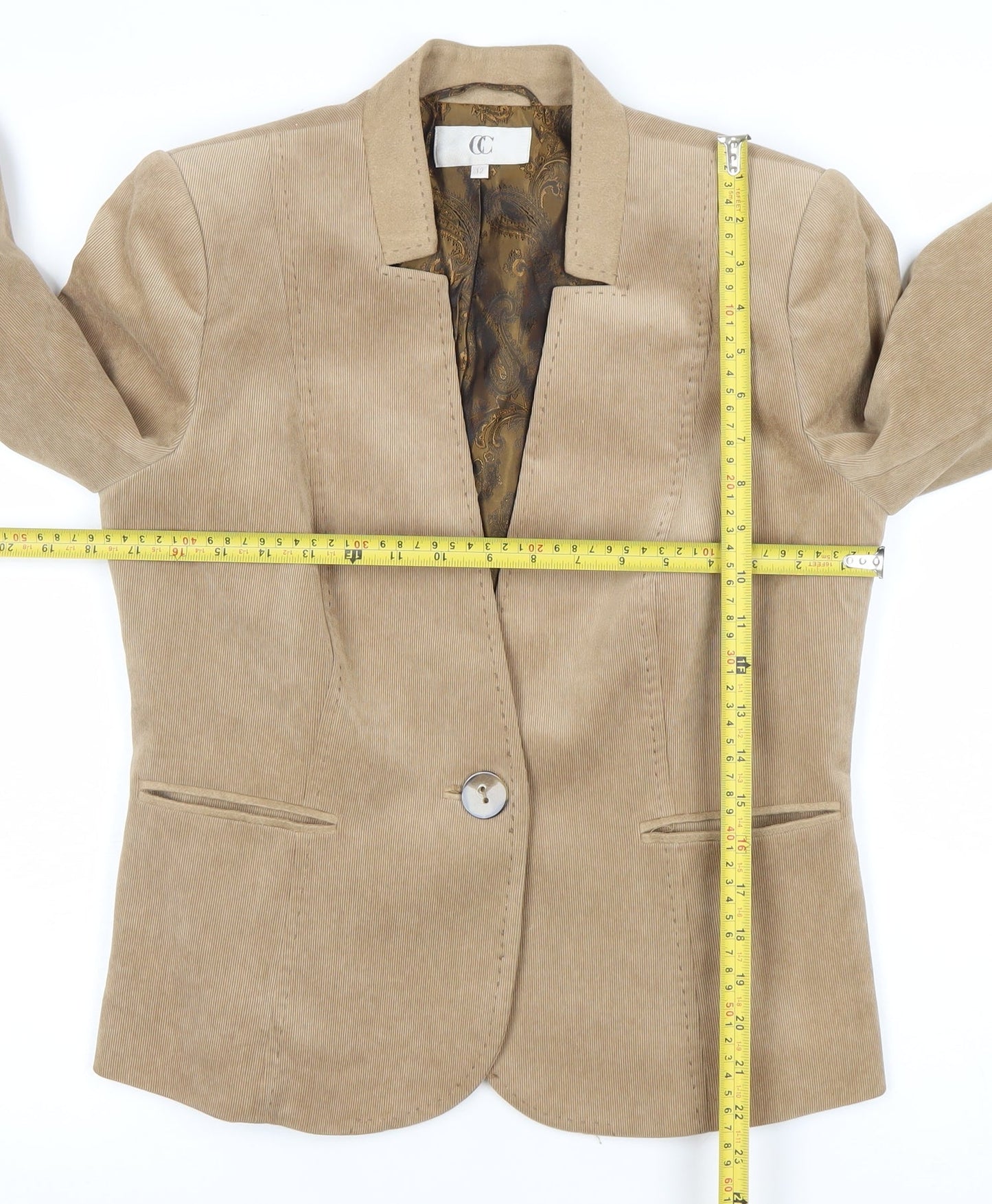 CC Women Beige Corduroy One-Button Blazer Size 12 Classic Fit
