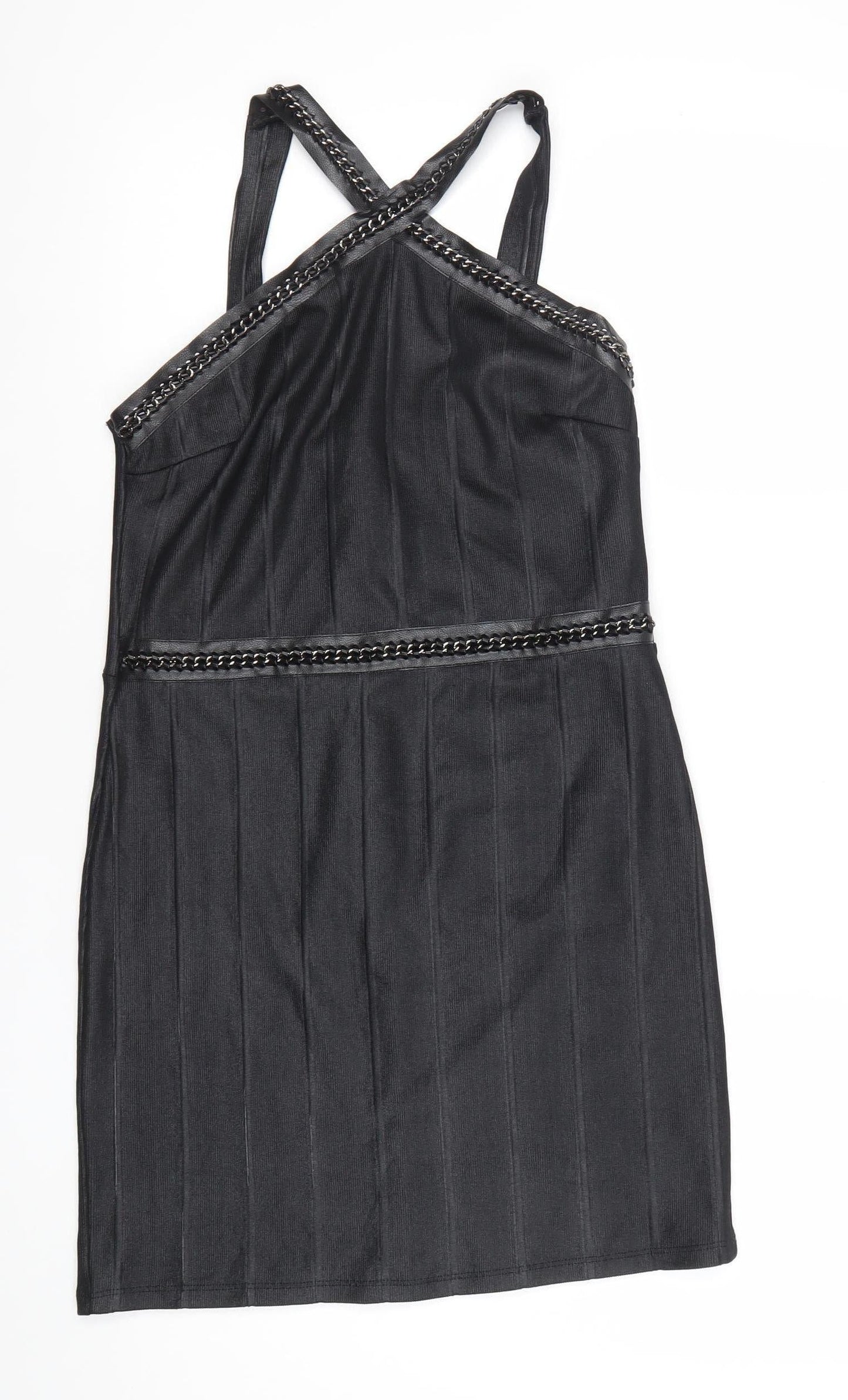 Topshop Women's Black Bodycon Short Dress Size 10 Sleeveless V-Neck Party