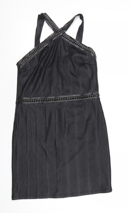 Topshop Women's Black Bodycon Short Dress Size 10 Sleeveless V-Neck Party