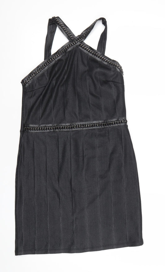 Topshop Women's Black Bodycon Short Dress Size 10 Sleeveless V-Neck Party