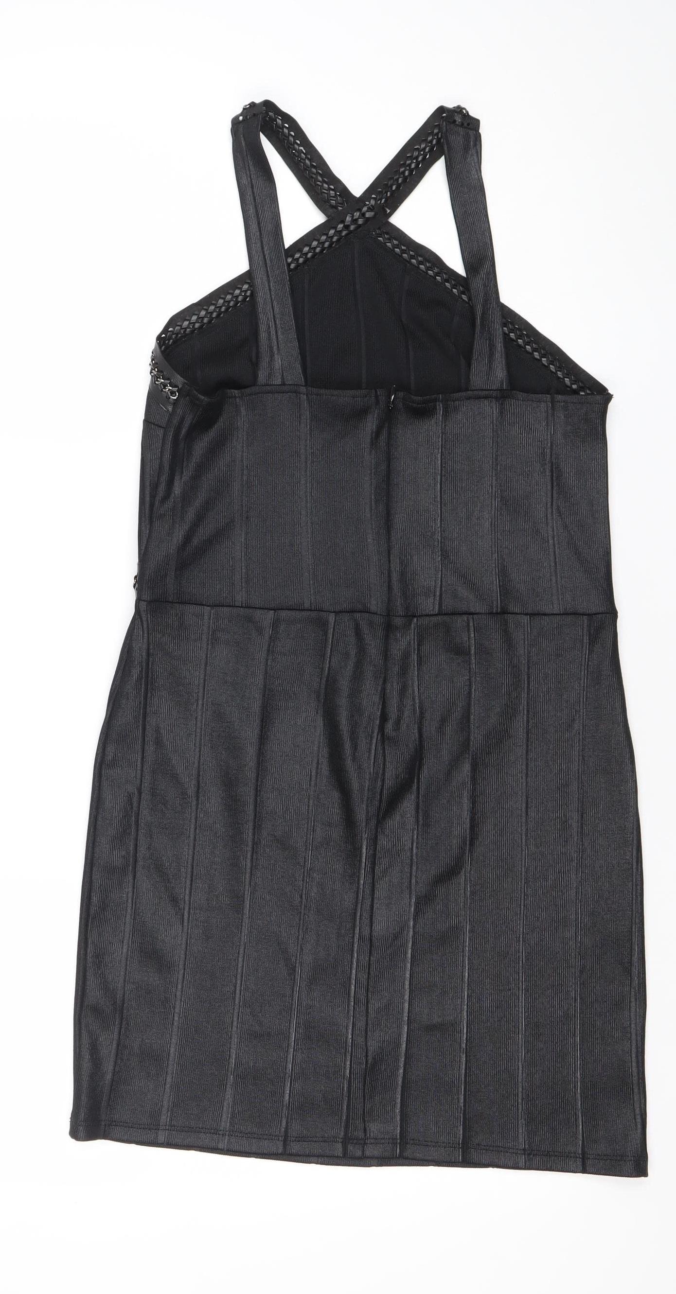 Topshop Women's Black Bodycon Short Dress Size 10 Sleeveless V-Neck Party