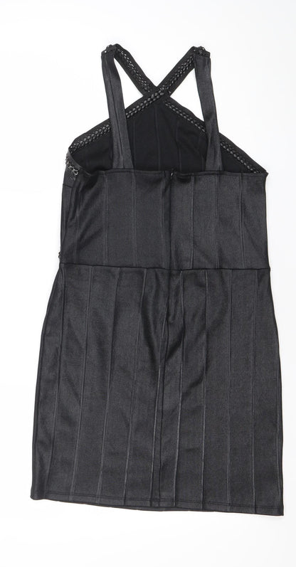 Topshop Women's Black Bodycon Short Dress Size 10 Sleeveless V-Neck Party