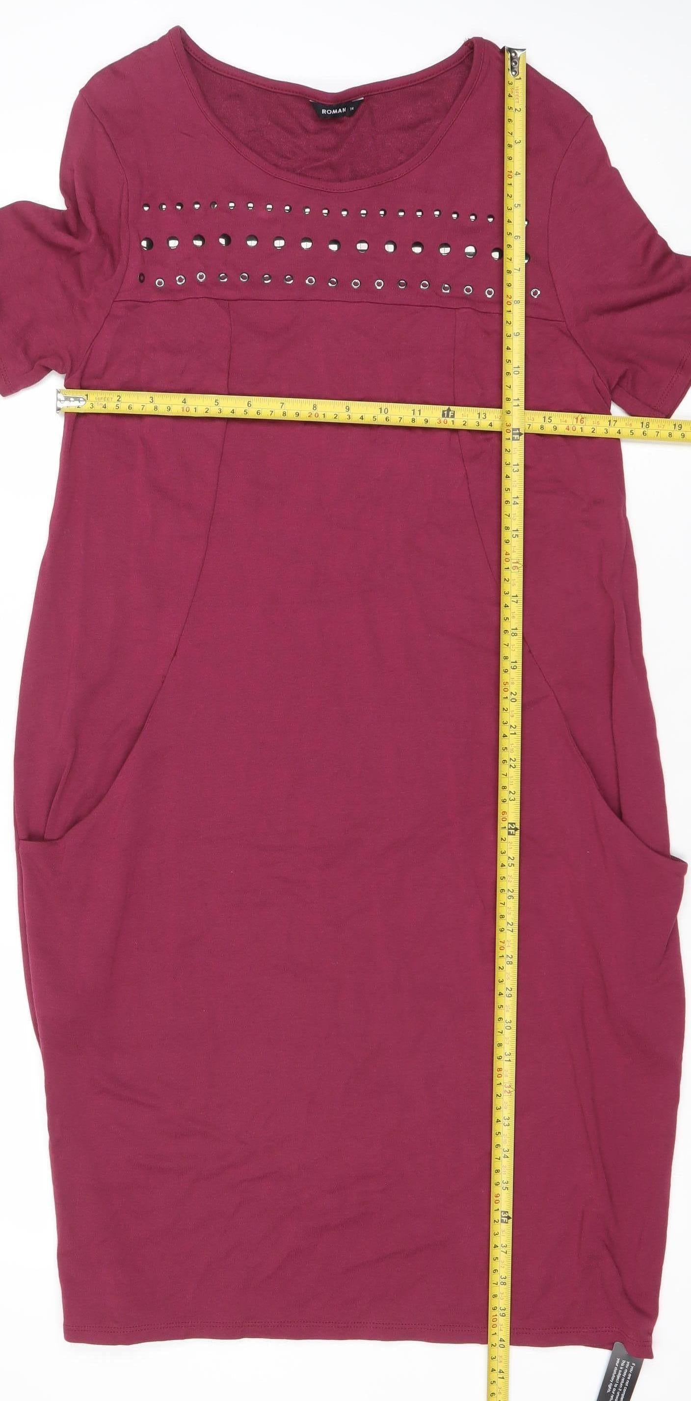 Roman Women’s Purple Studded Shift Dress Size 14 Short Sleeve Knee Length