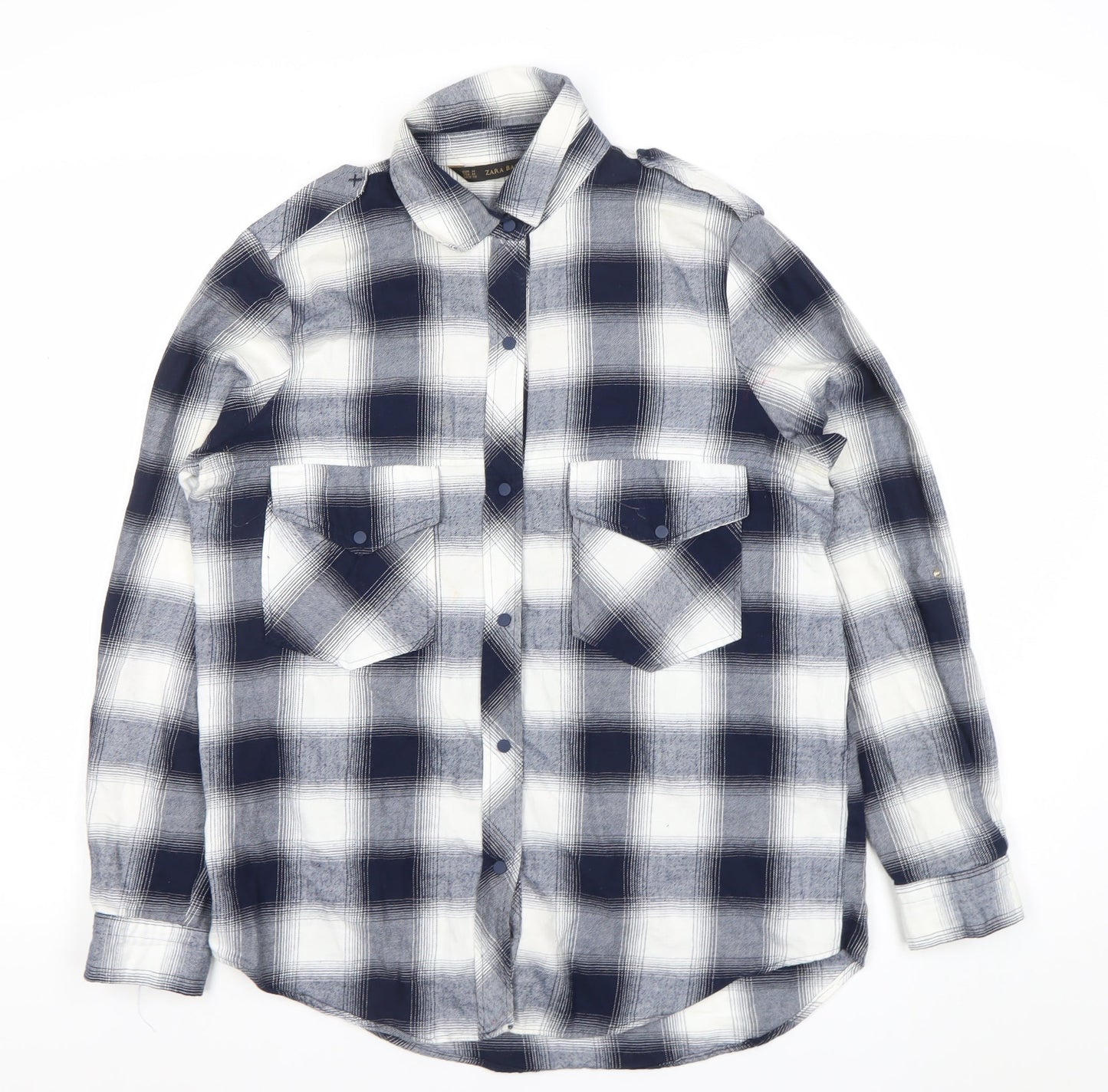 Zara Women Blue Check Cotton Button-Up Shirt Size 12