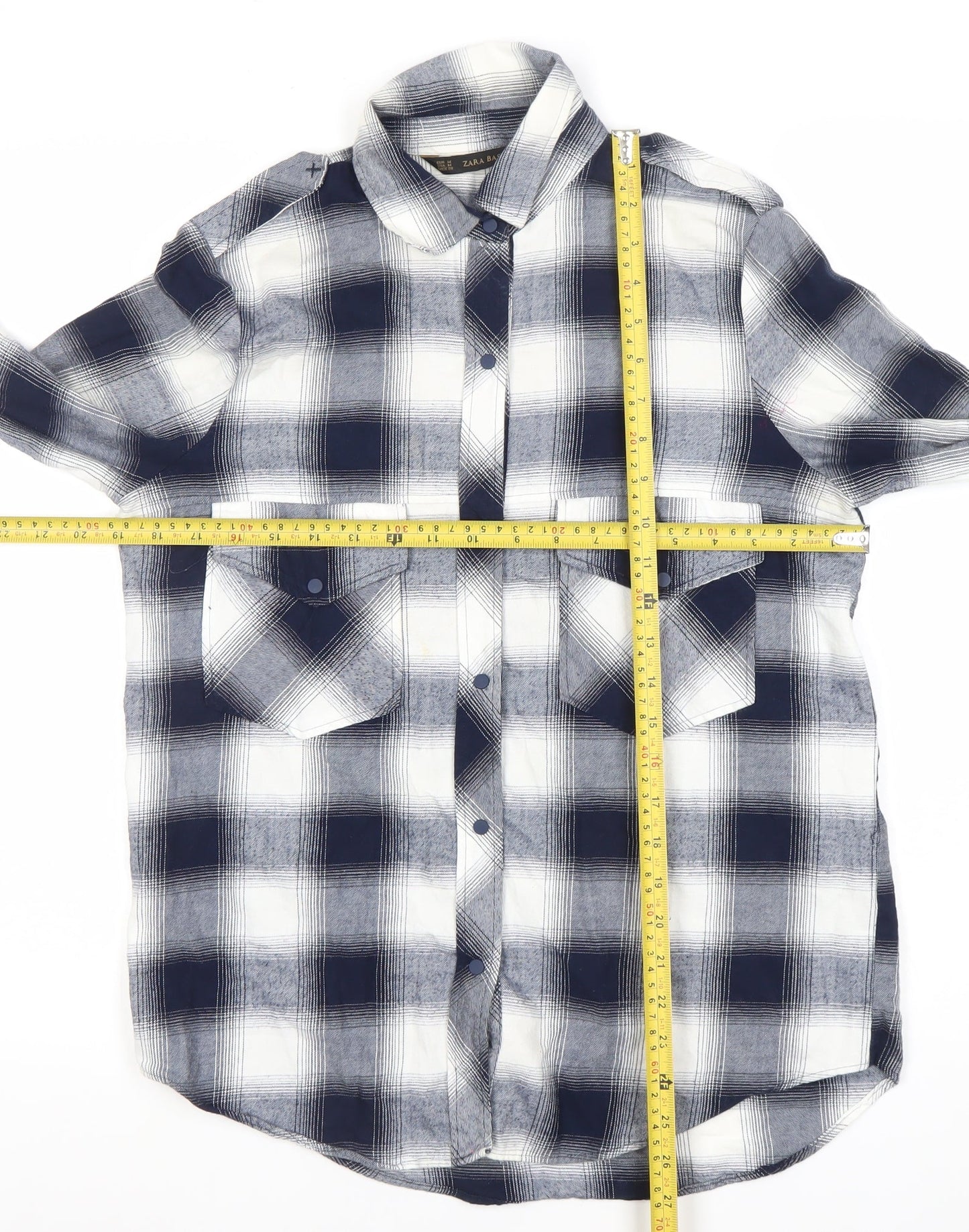 Zara Women Blue Check Cotton Button-Up Shirt Size 12