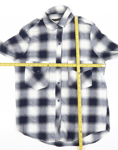 Zara Women Blue Check Cotton Button-Up Shirt Size 12