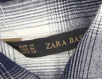 Zara Women Blue Check Cotton Button-Up Shirt Size 12