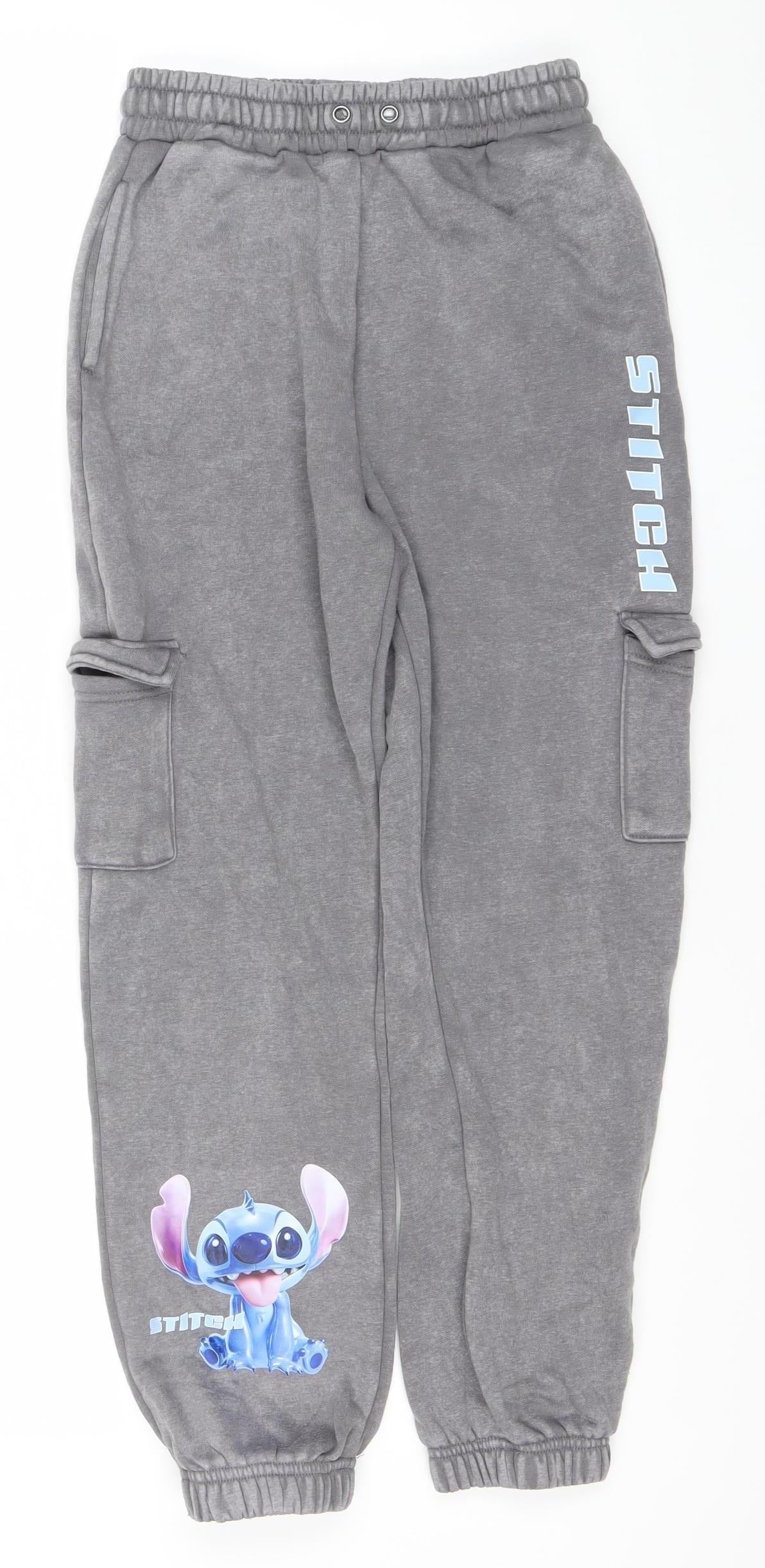Disney Stitch Boys Grey Joggers 11-12 Years Elastic Waist Fleece Sweatpants