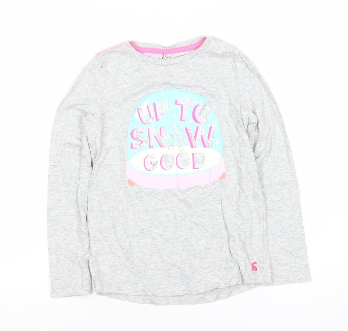 Joules Girls Grey Long Sleeve T-Shirt 7-8 Years Glitter Graphic Snow Globe Design