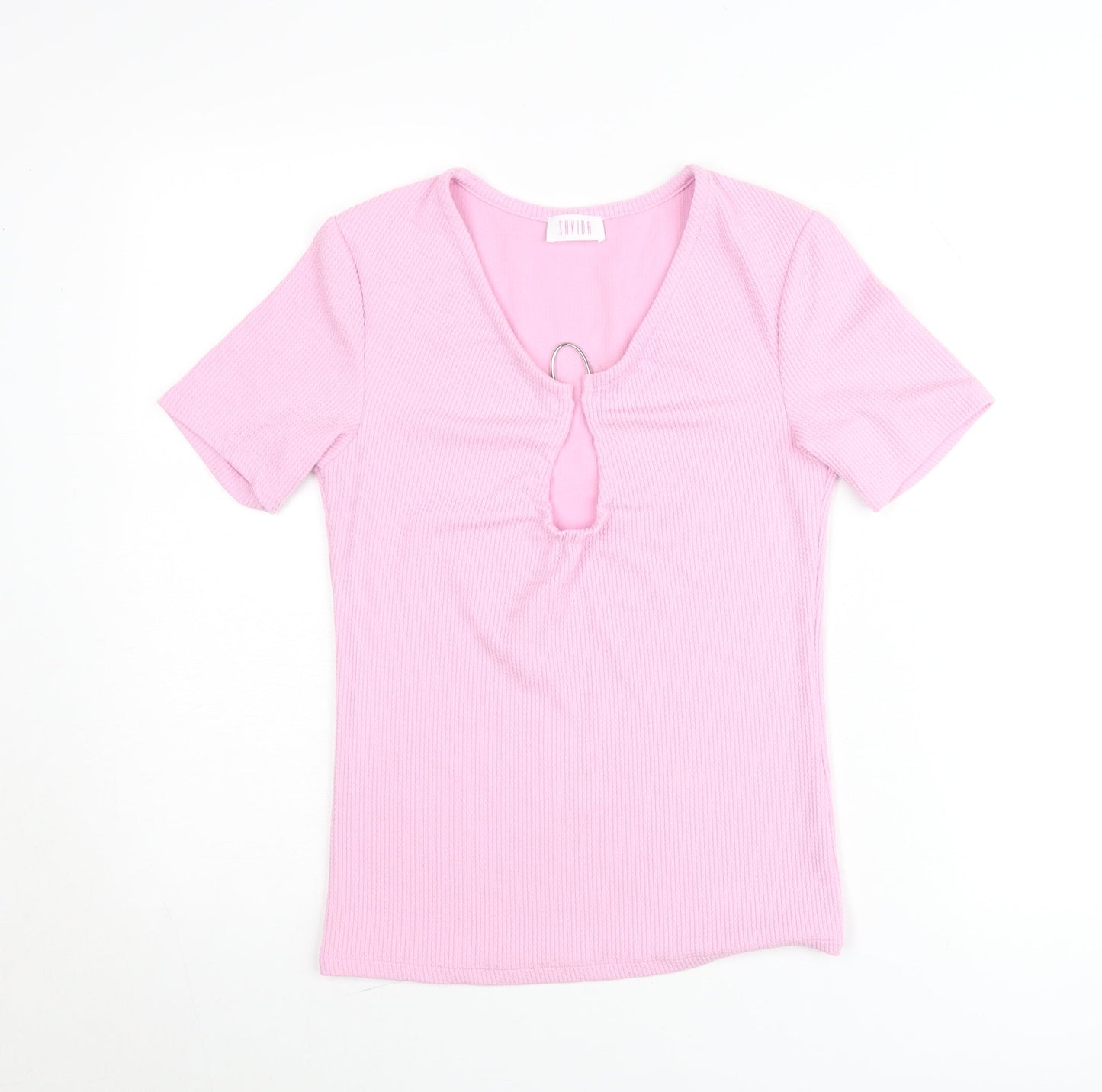 Savida Women’s Pink V-Neck Keyhole Short Sleeve Fitted T-Shirt Size 10